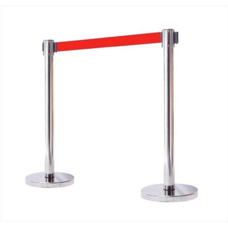 VIC CROWD CONTROL INC VIP Crowd Control 1110 14 in. Flat Base Mirror Post & Cover Retractable Belt Stanchion - 6.5 ft. Red Belt 1110